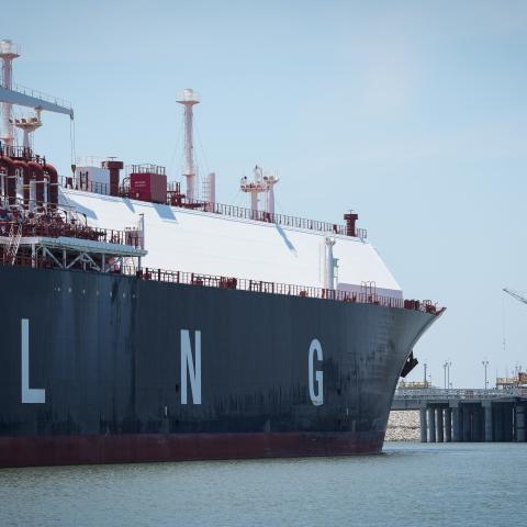 A large liquified natural gas transport ship sits docked in the Calcasieu River on June 7, 2023, near Cameron, Louisiana. (Jon Shapley/Houston Chronicle via Getty Images)