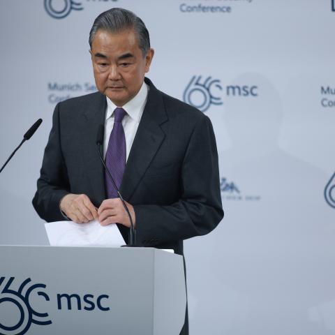 Chinese Foreign Minister, Wang Yi, speaks during the 2024 Munich Security Conference on February 17, 2024, in Munich, Germany. (Johannes Simon via Getty Images)