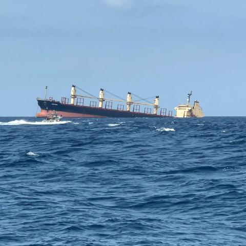 The Rubymar cargo ship sinking off the coast of Yemen, damaged in a missile strike by the Iran-backed Houthi rebels on February 25, 2024. (AFP via Getty Images)