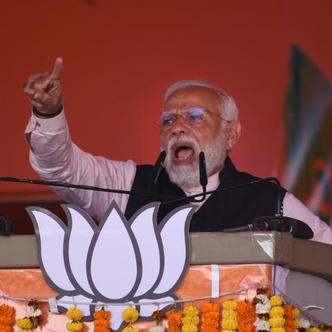 Prime Minister Narendra Modi addresses during a public meeting at Arambagh, West Bengal, India, on March 1, 2024. (Dipa Chakraborty via Getty Images)