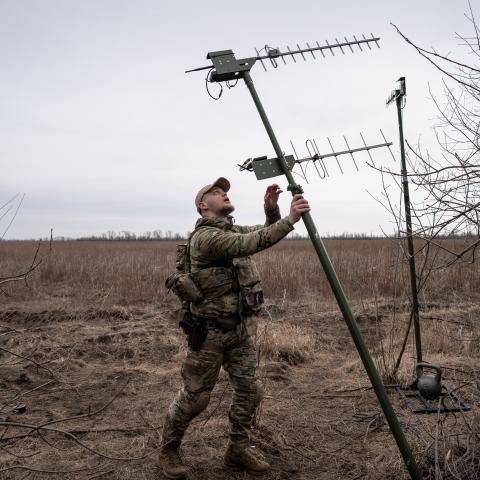 Ukrainian servicemen operate a Valkyrie reconnaissance drone in the direction of Lyman, Ukraine, on March 3, 2024. (Wolfgang Schwan via Getty Images)
