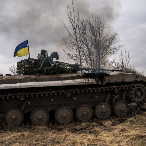 Ukrainian soldiers on a BWP infantry fighting vehicle prepare for combat near of Lyman, Ukraine, on March 17, 2024. (Photo by Jose Colon/Anadolu via Getty Images)