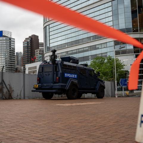 An armored police vehicle is parked outside the Legislative Council complex in Hong Kong, China, on March 19, 2024. (Vernon Yuen via Getty Images)