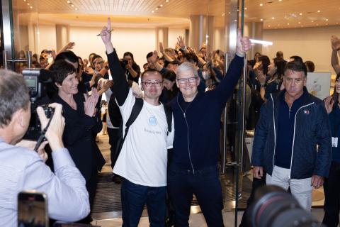 Tim Cook, chief executive officer of Apple, arrives for the opening ceremony of a new Apple store in Shanghai, China, on March 21, 2024. (VCG via Getty Images)