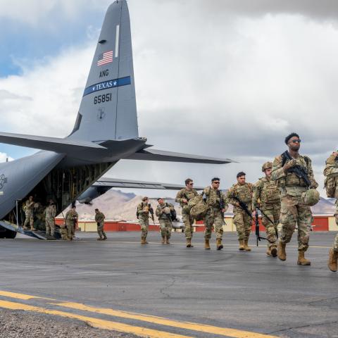 exas Tactical Border Force guardsmen arrive at the Million Air El Paso ELP airport on March 26, 2024 in El Paso, Texas. (Photo by Brandon Bell/Getty Images)