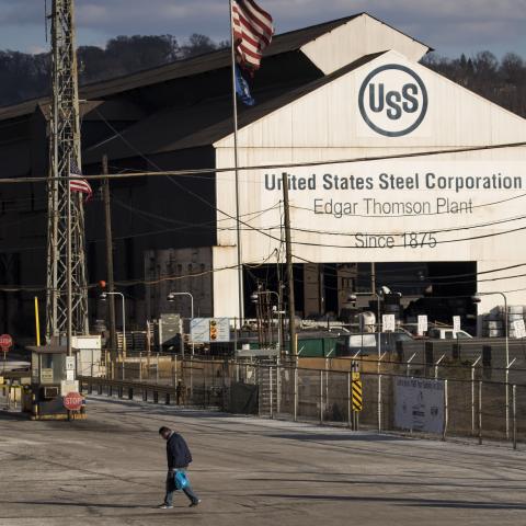 A worker leaves US Steel Edgar Thomson Steel Works, March 10, 2018, in Braddock, Pennsylvania. (Photo by Drew Angerer/Getty Images)