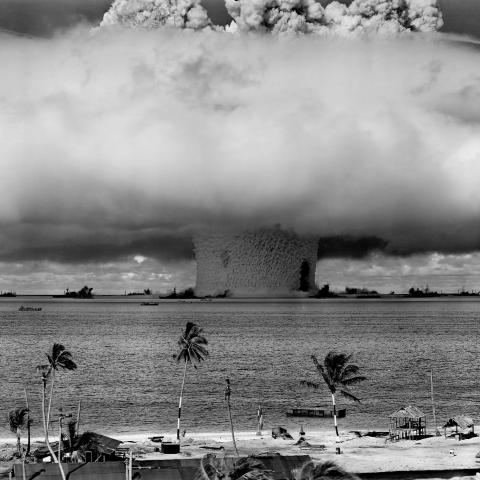 The United States detonates an atomic bomb at Bikini Atoll in Micronesia for the first underwater test of the device in 1946. (Wikimedia Commons)