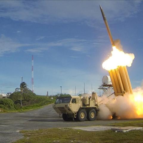 The first of two Terminal High Altitude Area Defense (THAAD) interceptors is launched during a successful intercept test on September 10, 2013. (Missile Defense Agency photo)