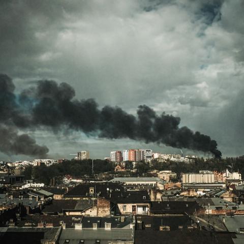 Smoke rises on the horizon following missile strikes on Lviv on April 18, 2022. The missile strikes come in the wake of the sinking of the Russian Navy Flagship, Moskva, in the Black Sea. (Photo by Matthew Hatcher via Getty Images)