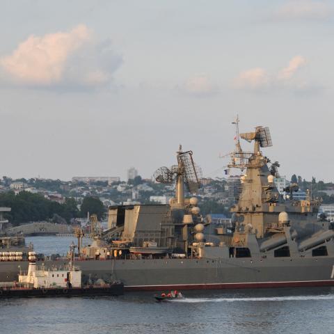 Moskva guided missile cruiser participating in a Russian military Navy Day parade near an important navy base in the Ukrainian town of Sevastopo on July 31, 2011. (Vasily Maximov/AFP via Getty Images)