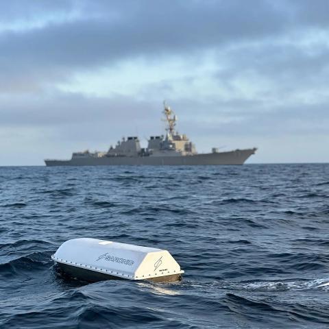  An unmanned surface vehicle (USV) conducts testing of an autonomous over-the-horizon solution conceived by student researchers at the Naval Postgraduate School (NPS) during a Navy exercise off the coast of California on August 19, 2023. (US Navy photo)