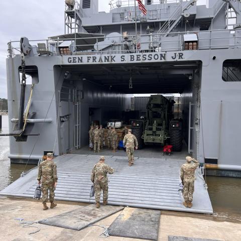The USS General Frank Besson departs Langley, Virginia, for the Gaza to begin construction on the Gaza aid pier on March 9, 2024. (US Central Command via DVIDS)