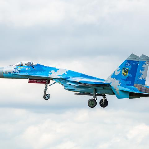 An SU-27 of the Ukrainian Air Force on final approach at Kleine Brogel Military Air Base in Belgium on September 13, 2019. (Nicolas Economou via Getty Images)