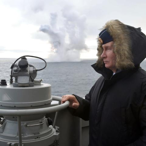 Russian President Vladimir Putin watches a naval exercise from the Marshal Ustinov missile cruiser in the Black Sea on January 9, 2020. (Anadolu Agency via Getty Images)