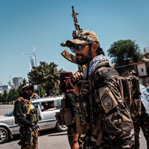 Members of the Taliban gather to commemorate the one year anniversary of the United States withdrawal from Afghanistan in Kabul on August 21, 2022. (Marcus Yam via Getty Images)