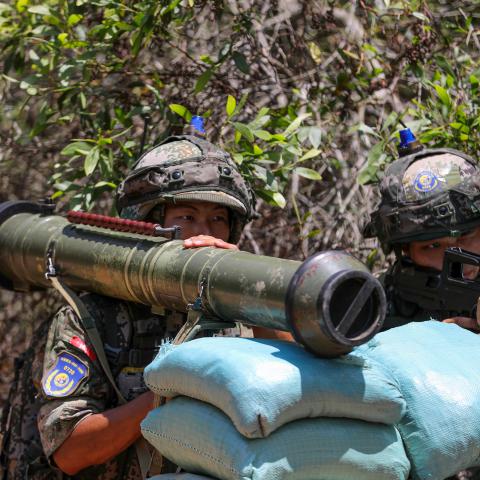 A brigade of the People’s Liberation Army takes part in a combat drill in Zhangzhou, China, on September 2, 2022. (CFOTO via Getty Images)