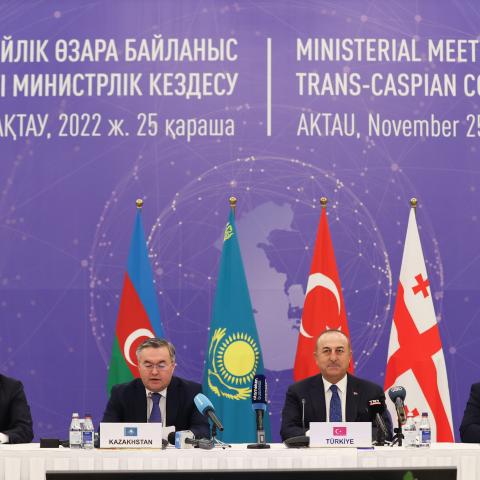 Turkish Foreign Minister Mevlut Cavusoglu, Minister of Foreign Affairs of Azerbaijan Jeyhun Bayramov, Minister of Foreign Affairs of Kazakhstan Mukhtar Tleuberdi, and Deputy Minister of Foreign Affairs of Georgia Alexander Khvtisiashvili attend a press conference after a ministerial meeting on Trans-Caspian connectivity in Aktau, Kazakhstan, on November 25, 2022. (Photo by Cem Ozdel/Anadolu Agency via Getty Images)