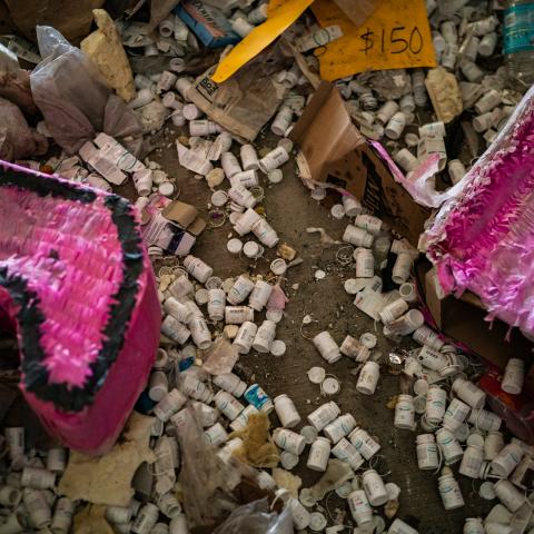 Pill bottles in a raided fentanyl lab in Tijuana, Mexico, on Friday, July 29, 2022. (Photo by Salwan Georges/The Washington Post via Getty Images)