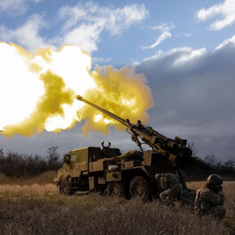 Ukrainian servicemen fire a French-made CAESAR self-propelled howitzer toward Russian positions in eastern Ukraine on December 28, 2022. (Photo by Sameer al-Doumy/AFP via Getty Images)