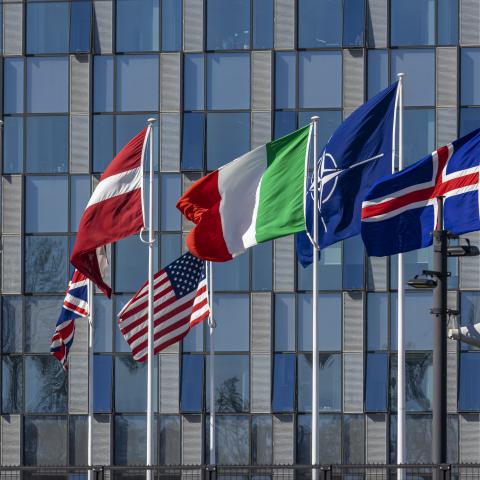 North Atlantic Treaty Organization (NATO) flags fly in Brussels, Belgium on April 4, 2023. (Photo by Nicolas Economou/NurPhoto via Getty Images)