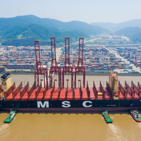 The largest container ship in the world, the MSC Michel Cappellini, at Ningbo Zhoushan Port on June 2, 2023 in Ningbo, China.  (Photo by Jiang Xiaodong/VCG via Getty Images)