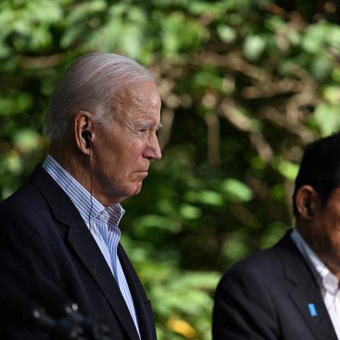 President Joe Biden listens to Japanese Prime Minister Fumio Kishida during a press conference at the Camp David Trilateral Summit in Maryland on August 18, 2023. (Photo by Jim Watson/AFP via Getty Images)