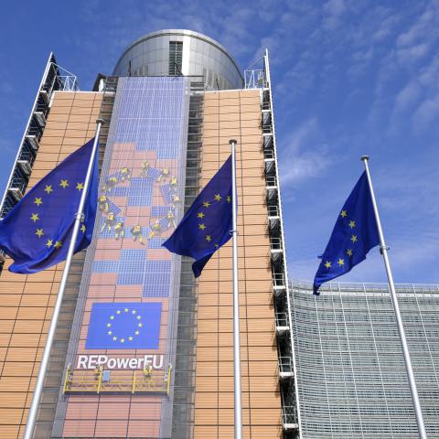The flags of the European Union in front of the EU Commission headquarters on August 31, 2023, in Brussels, Belgium. (Thierry Monasse via Getty Images)
