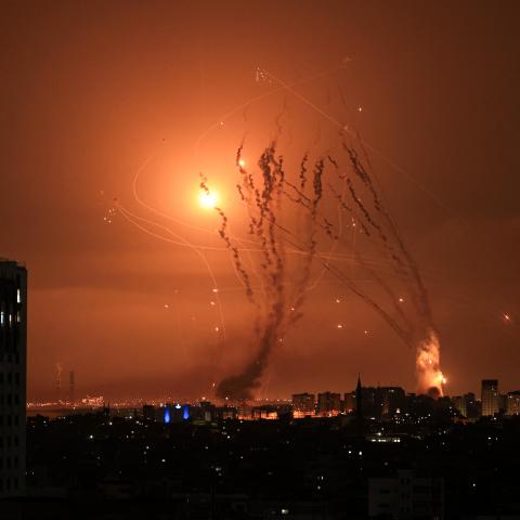 The Iron Dome intercepts a salvo of rockets fired from Gaza over Netivot in southern Israel on October 8, 2023. (Photo by Mahmud Hams/AFP via Getty Images)