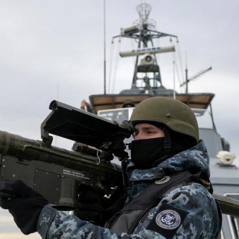 A Ukrainian serviceman holds a Stinger anti-aircraft weapon onboard a Maritime Guard of the State Border Service of Ukraine boat as it patrols in the northwestern Black Sea on December 18, 2023. (Anatolii Stepanov via Getty Images)