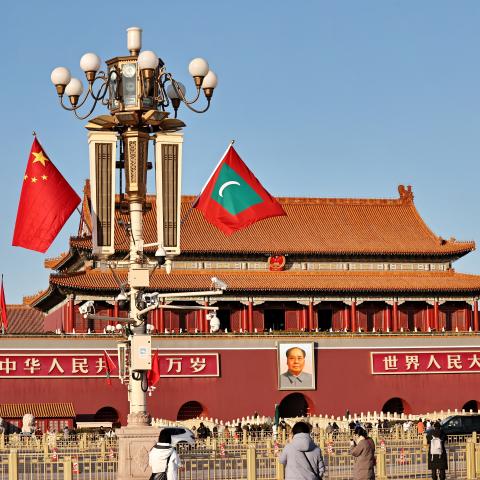 The national flags of the Maldives and China flutter at Tiananmen Square on January 9, 2024, in Beijing, China. (Photo by VCG/VCG via Getty Images)