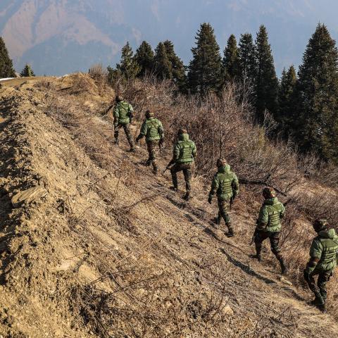 Indian soldiers patrol the line of control between Pakistan and India on January 24, 2024. (Nasir Kachroo via Getty Images)