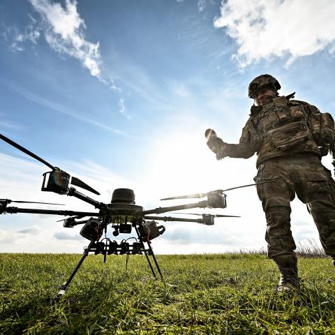 A serviceman launches a Vampire drone in Zaporizhzhia, Ukraine, on February 2, 2024. (Photo by Ukrinform/NurPhoto via Getty Images)
