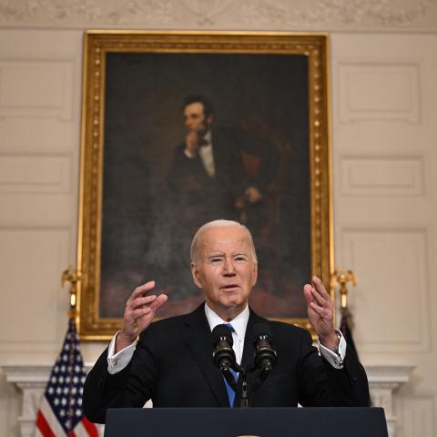 President Joe Biden speaks about Ukraine aid in the State Dining Room of the White House in Washington, DC, on February 13, 2024. (Jim Watson via Getty Images)