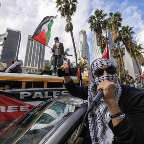 Anti-Israel protestors rally on March 2, 2024, in Los Angeles, California. (Photo by David McNew/Getty Images)