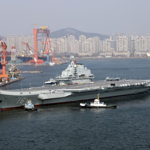 The Chinese aircraft carrier Liaoning prepares for sea trials at Dalian shipyard on February 29, 2024, in Dalian, China. (Photo by VCG/VCG via Getty Images)