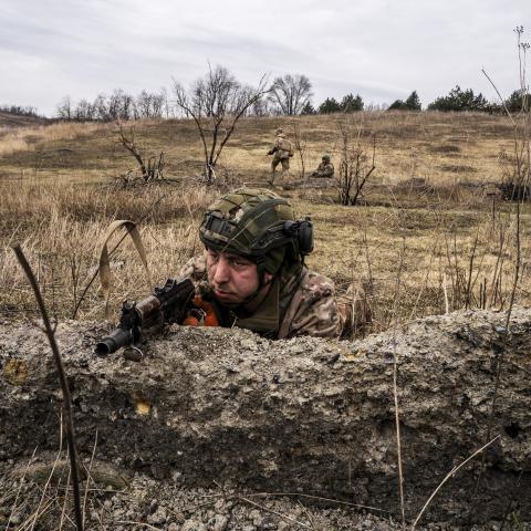 Ukrainian soldiers participate in a military training drill at an undisclosed location in Donetsk Oblast, Ukraine, on March 6, 2024. (Jose Colon via Getty Images)