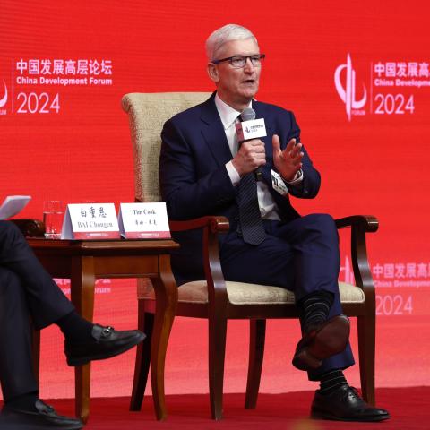 Tim Cook, chief executive officer of Apple, speaks during the China Development Forum 2024 at the Diaoyutai State Guesthouse on March 24, 2024, in Beijing, China. (Photo by Fu Tian/China News Service/VCG via Getty Images)