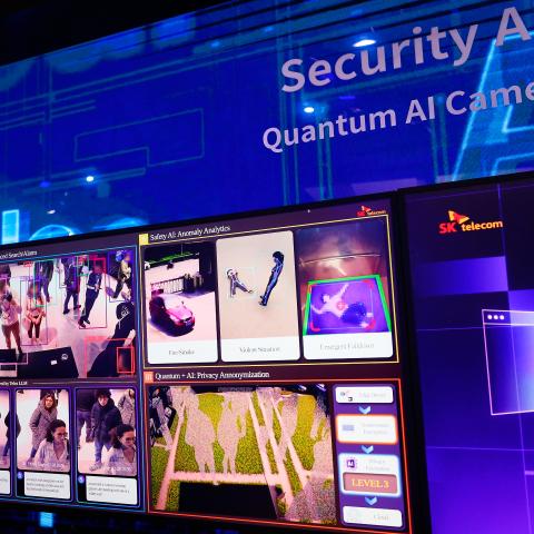 A display shows the image processing of a Quantum AI security camera at the SK Telecom pavilion during the Mobile World Congress in Barcelona, Spain, on April 2, 2024. (Photo by Joan Cros/NurPhoto via Getty Images)