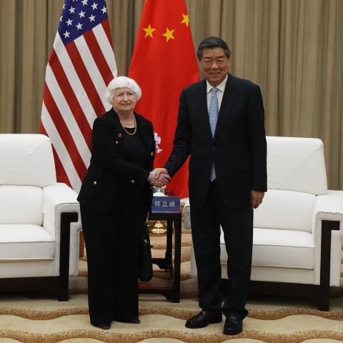US Treasury Secretary Janet Yellen shakes hands with Chinese Vice Premier He Lifeng prior to a meeting on April 6, 2024, in Guangzhou, China. (Ken Ishii via Getty Images)