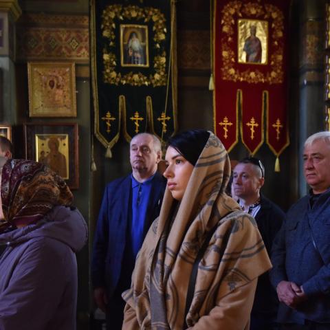 Believers pray at the Church of Saint Yuri the Victorious on Holy Cross Sunday in Lviv, Ukraine, April 7, 2024. (Pavlo Palamarchuk/Anadolu via Getty Images)