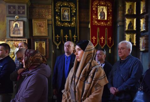 Believers pray at the Church of Saint Yuri the Victorious on Holy Cross Sunday in Lviv, Ukraine, April 7, 2024. (Pavlo Palamarchuk/Anadolu via Getty Images)