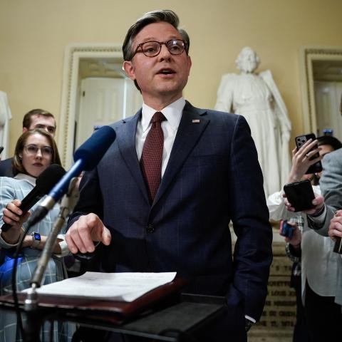 Speaker of the House Mike Johnson speaks to the press after the House passed a major aid package for Ukraine, Israel, and Taiwan and also voted to ban TikTok at the US Capitol in Washington, DC, on April 20, 2024. (Photo by Drew Angerer/AFP via Getty Images)