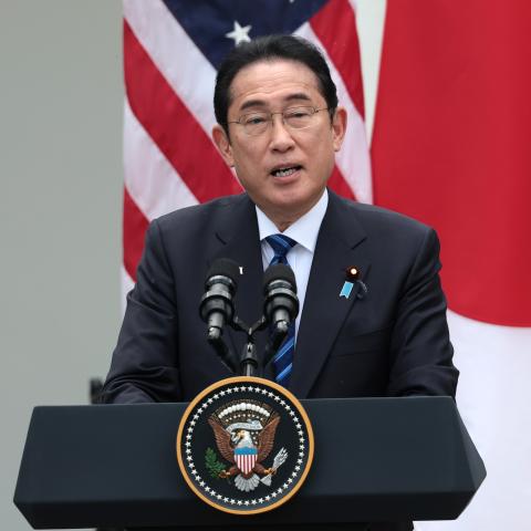 Japanese Prime Minister Fumio Kishida delivers remarks during a joint press conference with US President Joe Biden in the Rose Garden at the White House on April 10, 2024, in Washington, DC. (Photo by Win McNamee/Getty Images)