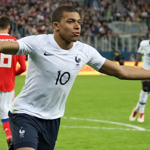 Kylian Mbappe celebrates his second goal for France on March 27, 2018. (Wikimedia Commons)