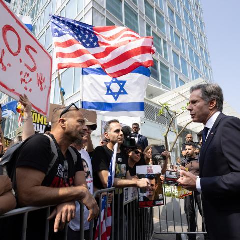 Secretary Antony J. Blinken speaks to families and supporters of the hostages held by Hamas outside a hotel in Tel Aviv, Israel, May 1, 2024. (Official State Department photo by Chuck Kennedy)