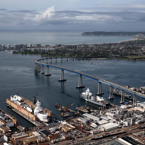An aerial view of General Dynamics NASSCO shipyard on March 20, 2020 in San Diego, California. Deemed an essential part of the defense industrial base, NASSCO remains open despite the coronavirus (COVID-19) pandemic. (Photo by Sean M. Haffey/Getty Images)