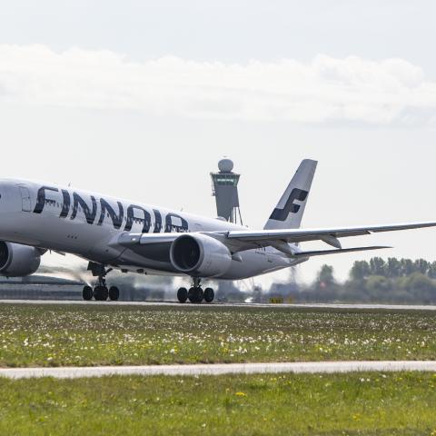 A Finnair Airbus A350-900 takes off in Amsterdam on May 4, 2022 (Photo by Nicolas Economou/NurPhoto via Getty Images)