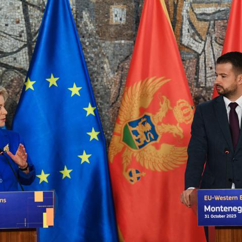 European Commission President Ursula Von der Leyen (L) and Montenegro's President Jakov Milatovic attend a joint press conference after their meeting in Podgorica, on October 31, 2023.  (Photo by SAVO PRELEVIC/AFP via Getty Images) 