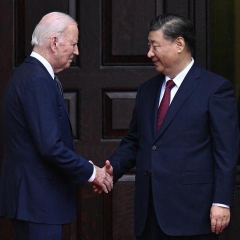 US President Joe Biden greets Chinese President Xi Jinping before a meeting during the Asia-Pacific Economic Cooperation (APEC) Leaders' week in Woodside, California, on November 15, 2023. (Photo by Brendan Smialowski/AFP via Getty Images)