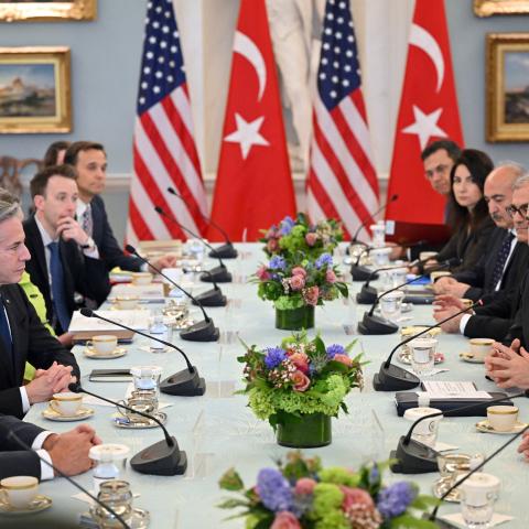 Secretary of State Antony Blinken takes part in a meeting with Turkish Foreign Minister Hakan Fidan in the Thomas Jefferson Room of the State Department in Washington, DC, on March 8, 2024. (Photo by Mandel Ngan/AFP via Getty Images)